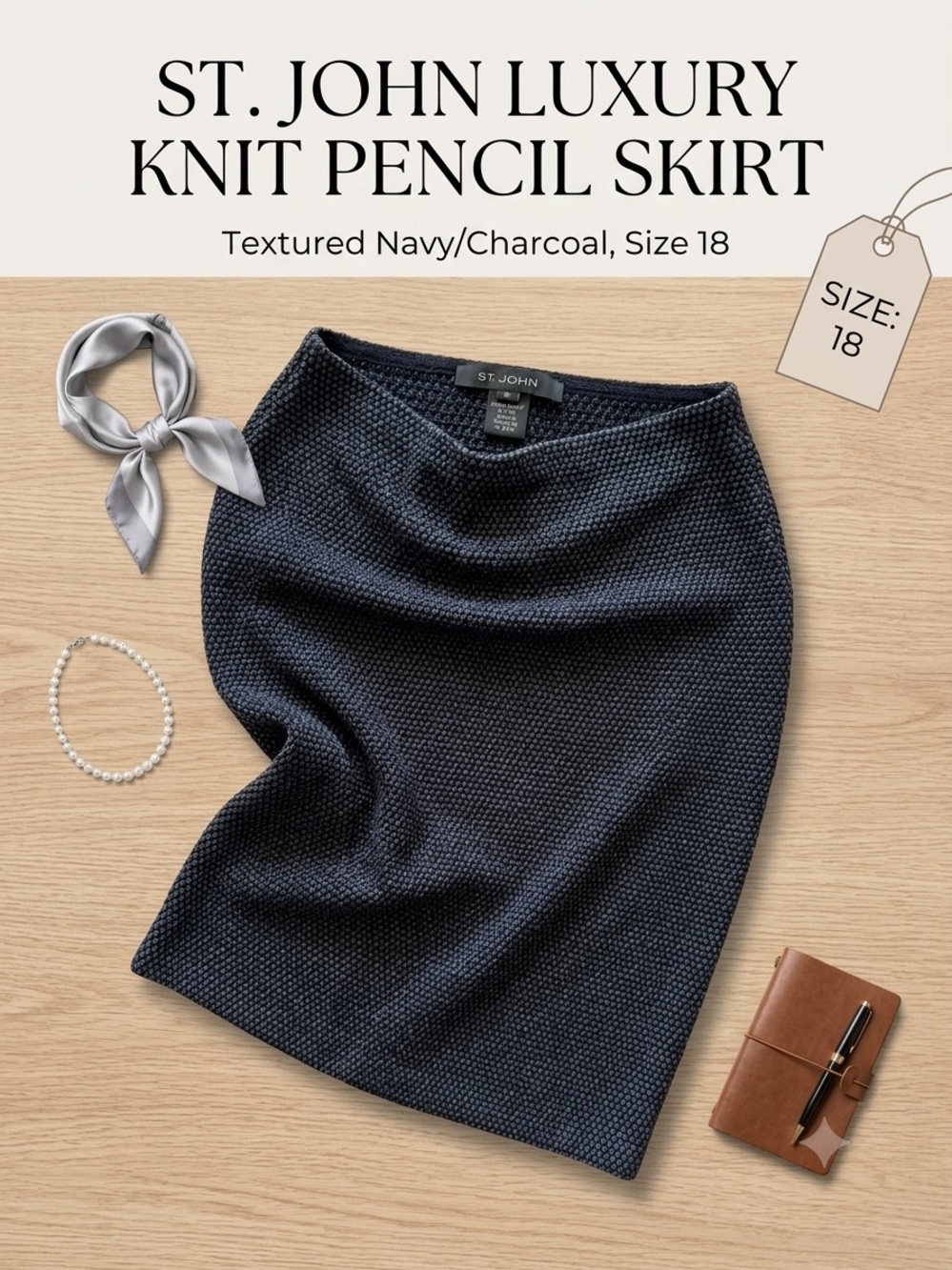 St. John Navy and Charcoal Textured Knit Pencil Skirt